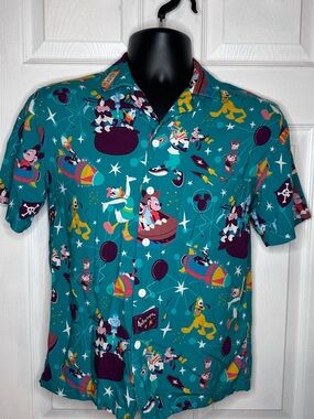 Mickey Mouse and friends Teal Retro Space Print Short-Sleeve Shirt